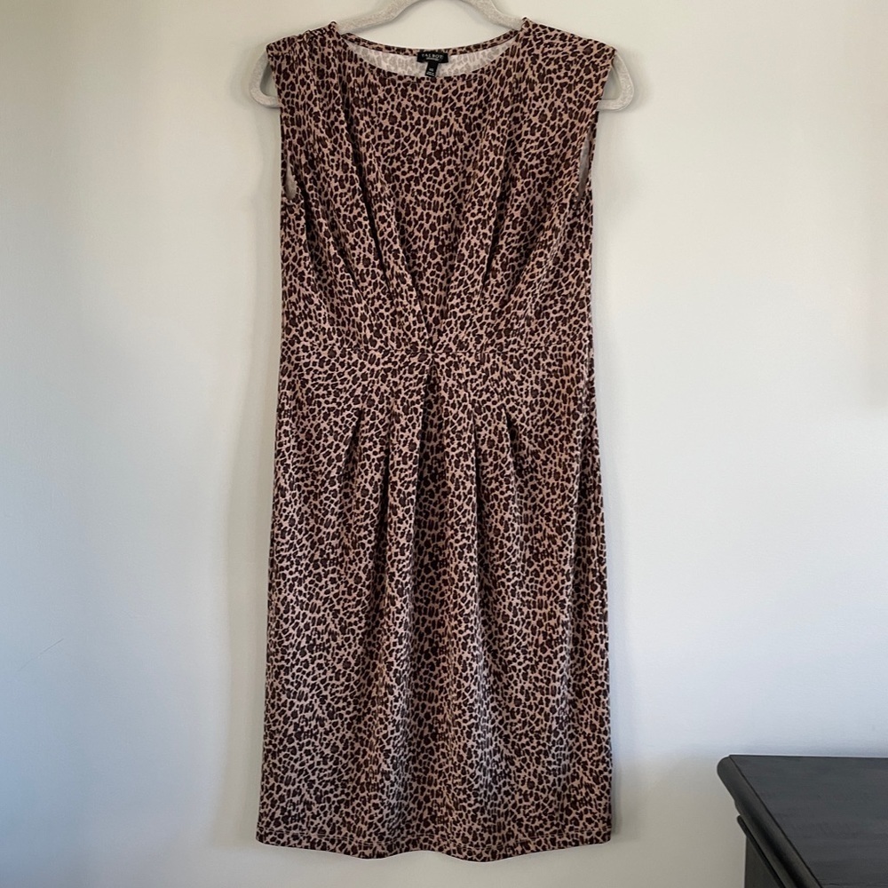 TALBOTS Leopard Animal Print Dress Sleeveless Gathered Front Tuck XS‎ Patterned